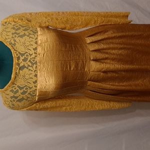 Antique gold lace and crinkle satin dress